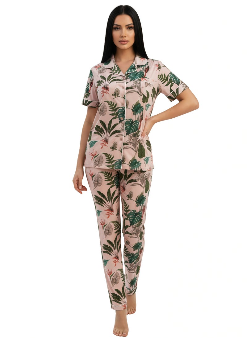 جوانا طقم بيجاما نسائي بتصميم أوراق، قميص بأزرار نصف كم وبنطال طويل - وردي فاتح - مقاس XXL - Image 4