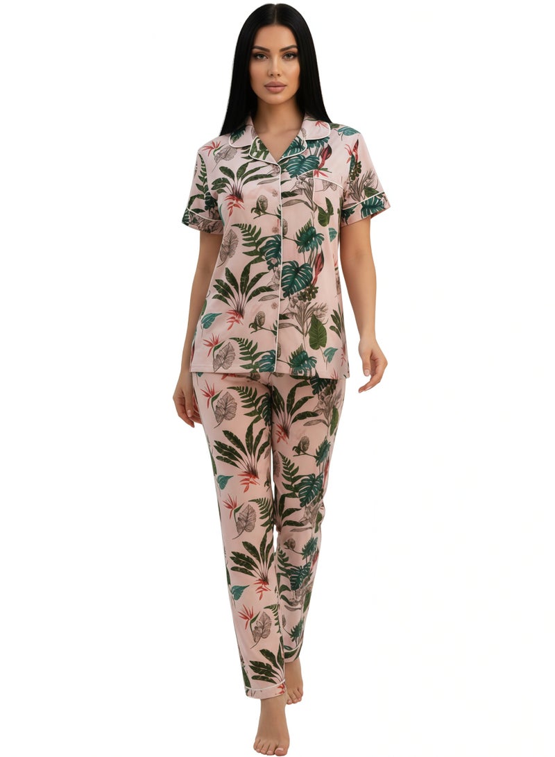 جوانا طقم بيجاما نسائي بتصميم أوراق، قميص بأزرار نصف كم وبنطال طويل - وردي فاتح - مقاس XXL - Image 2