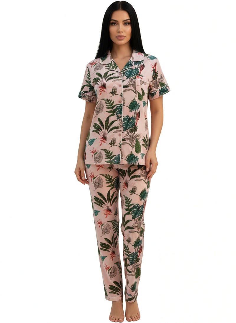 جوانا طقم بيجاما نسائي بتصميم أوراق، قميص بأزرار نصف كم وبنطال طويل - وردي فاتح - مقاس XXL - Image 1