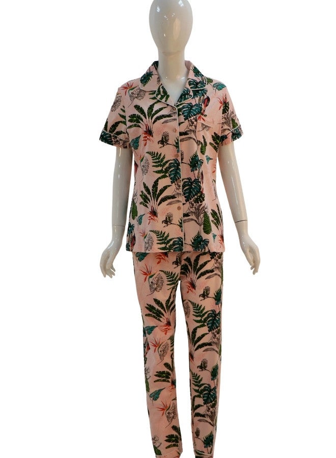 JOANNA JOANNA Women's Leaves Design Button Down Short Sleeve Shirt & Long Pants Pajama Set, Light Pink  - Image 1