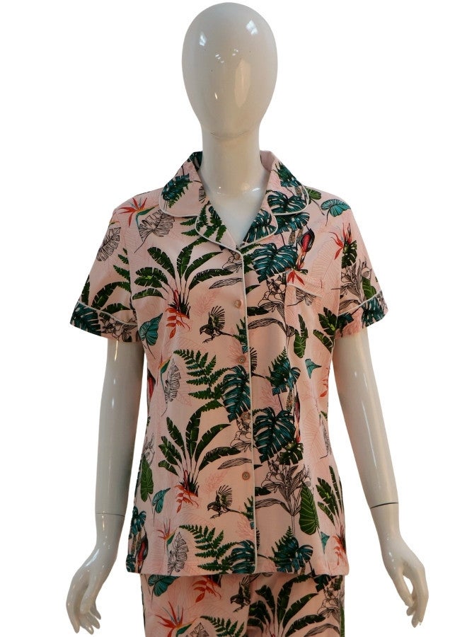 JOANNA JOANNA Women's Leaves Design Button Down Short Sleeve Shirt & Long Pants Pajama Set, Light Pink  - Image 2