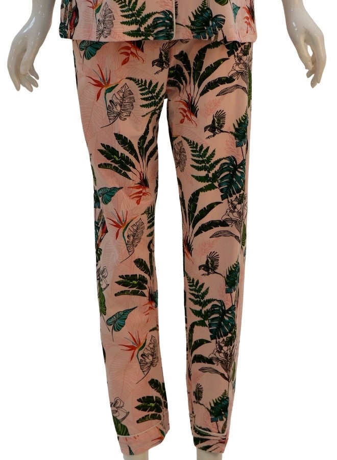 JOANNA JOANNA Women's Leaves Design Button Down Short Sleeve Shirt & Long Pants Pajama Set, Light Pink  - Image 3
