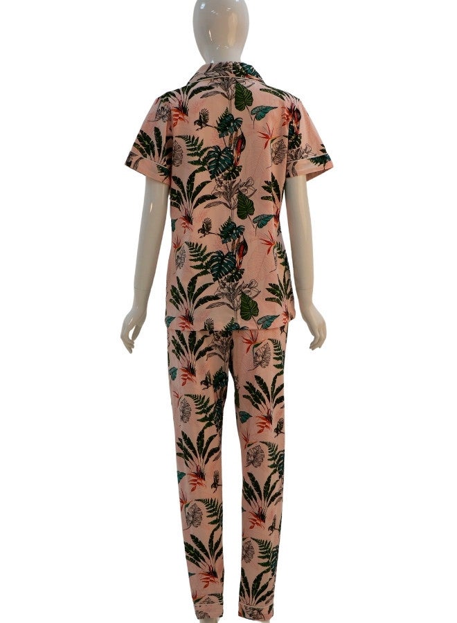 JOANNA JOANNA Women's Leaves Design Button Down Short Sleeve Shirt & Long Pants Pajama Set, Light Pink  - Image 5