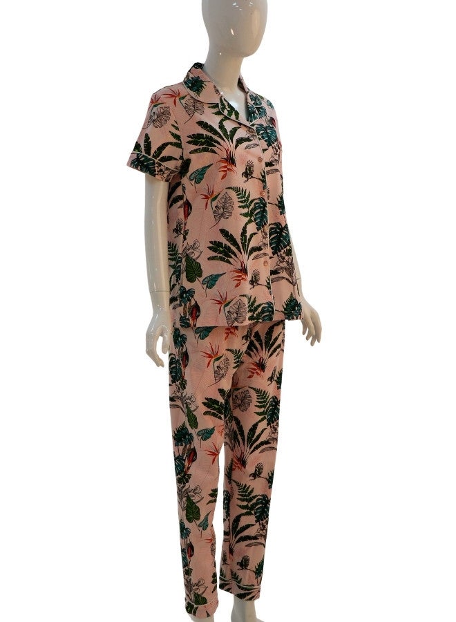 JOANNA JOANNA Women's Leaves Design Button Down Short Sleeve Shirt & Long Pants Pajama Set, Light Pink  - Image 4