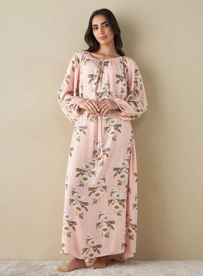 Splash FAV All-Over Floral Print Kaftan Night Gown with Waist Tie-Up