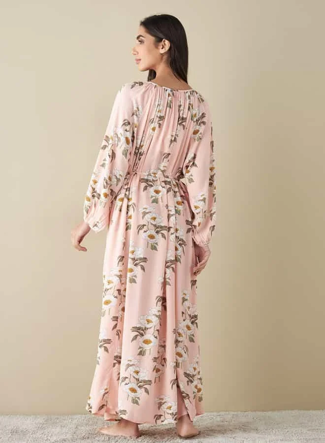 Splash FAV All-Over Floral Print Kaftan Night Gown with Waist Tie-Up