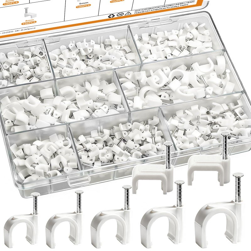 mankk 630PCS Cable Clips Nail in Cable Clips Wire Clips 4/5/6/8/10mm Round & Square Ethernet Cables Wall Clips for Cords RG6 RG59 CAT5 CAT6 RJ45 - Image 1