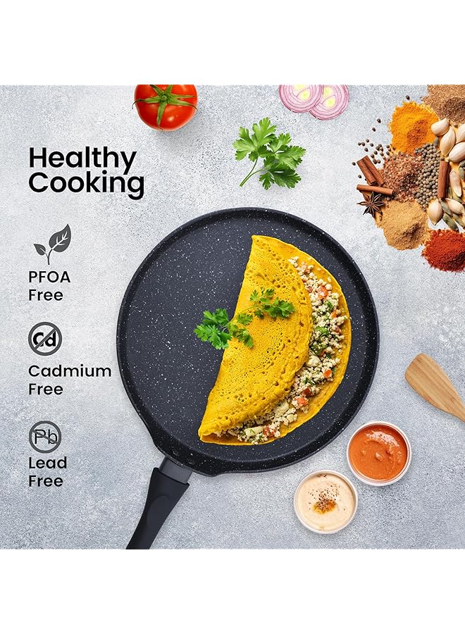 مقلاة دوسا تاوا جرانيت غير لاصقة مقاس 28 سم، قاعدة دوسا تاوا تعمل بالحث ومتوافقة مع الغاز ومقابض ناعمة الملمس، مقلاة دوسا تاوا مسطحة باللون الأسود - Image 3