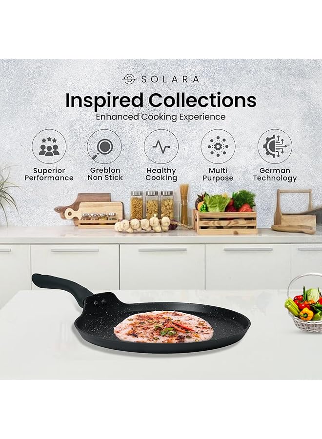 مقلاة دوسا تاوا جرانيت غير لاصقة مقاس 28 سم، قاعدة دوسا تاوا تعمل بالحث ومتوافقة مع الغاز ومقابض ناعمة الملمس، مقلاة دوسا تاوا مسطحة باللون الأسود - Image 4