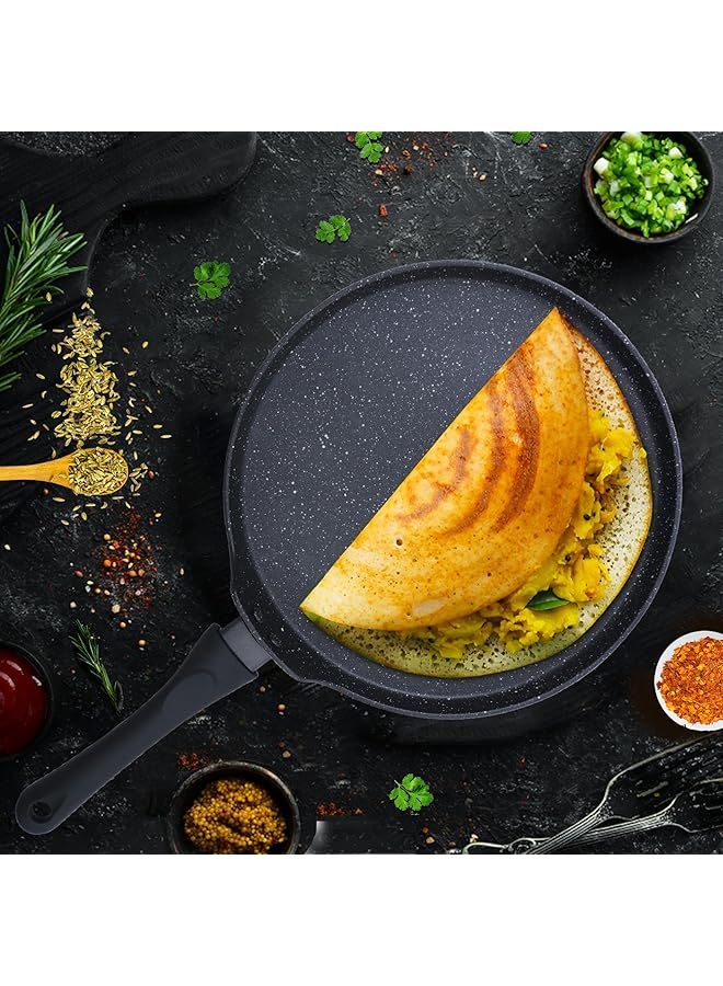 مقلاة دوسا تاوا جرانيت غير لاصقة مقاس 28 سم، قاعدة دوسا تاوا تعمل بالحث ومتوافقة مع الغاز ومقابض ناعمة الملمس، مقلاة دوسا تاوا مسطحة باللون الأسود - Image 1