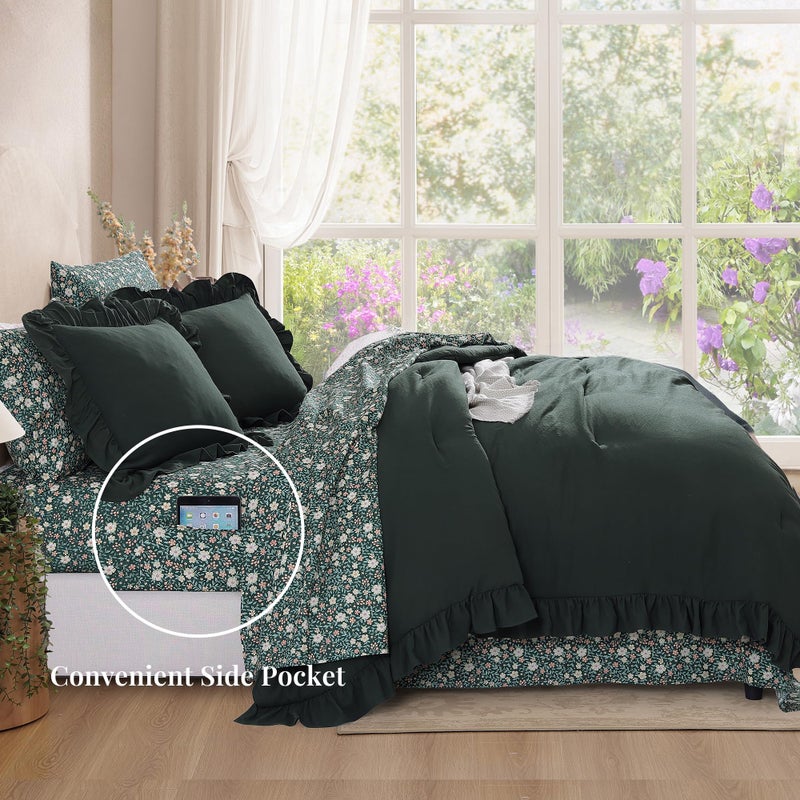 BLOOMHAVEN Full Comforter Set - 7 Pieces Ruffle Forest Green Bedding Sets, Shabby Chic Farmhouse Bed in a Bag with Ruffle Comforter, Floral Sheets, Pillowcases & Shams - Image 3