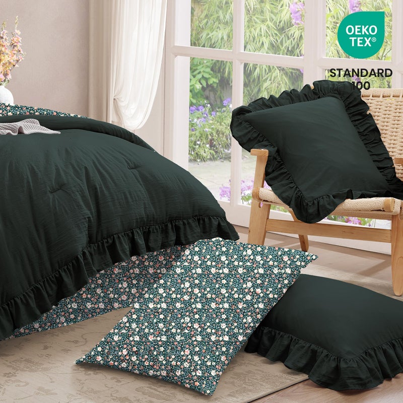 BLOOMHAVEN Full Comforter Set - 7 Pieces Ruffle Forest Green Bedding Sets, Shabby Chic Farmhouse Bed in a Bag with Ruffle Comforter, Floral Sheets, Pillowcases & Shams - Image 5