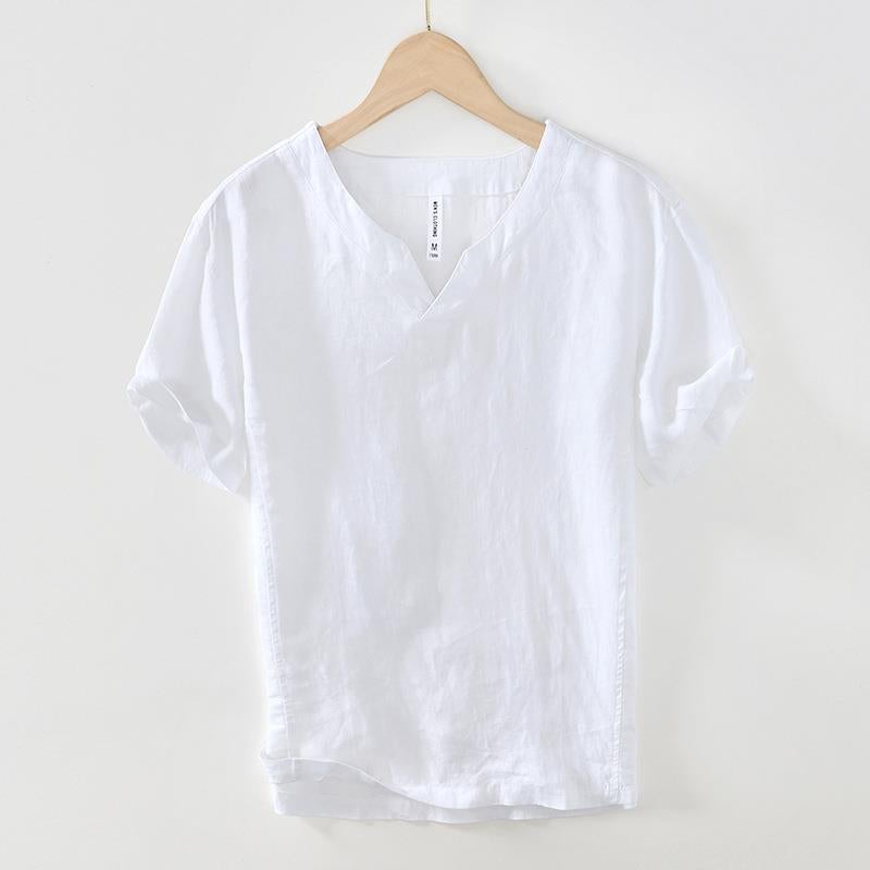 L998 Chinese Style Retro V-Neck Short Sleeve T-Shirt Men'S Casual Loose Summer Linen Base Shirt A Generation Of Hair - Image 1