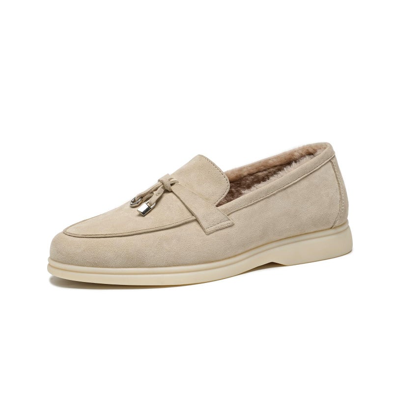 BEAU TODAY Suede Winter Loafers for Women, Warm Fur Lined Slip On Loafer Flats, Casual Driving Loafers Shoes Comfortable Dressy Business Non-Slip Office Work Ladies Shoes Apricot US 9 - Image 1