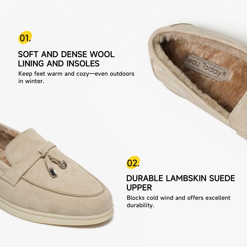 BEAU TODAY Suede Winter Loafers for Women, Warm Fur Lined Slip On Loafer Flats, Casual Driving Loafers Shoes Comfortable Dressy Business Non-Slip Office Work Ladies Shoes Apricot US 9 - Image 4