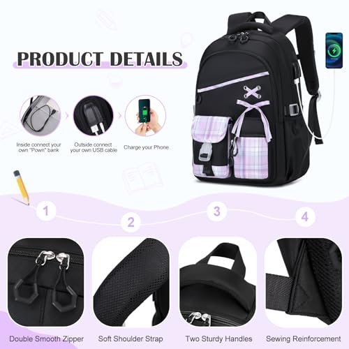 DIGOBAY Backpack for Girls - 3PCS Girls Backpack with Lunch Box & Pencil Pouch Plaid School Backpacks for Elementary Middle High College School Bookbag for Teen Girl Kids Students Blackpurple - Image 5