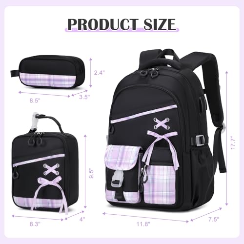 DIGOBAY Backpack for Girls - 3PCS Girls Backpack with Lunch Box & Pencil Pouch Plaid School Backpacks for Elementary Middle High College School Bookbag for Teen Girl Kids Students Blackpurple - Image 2