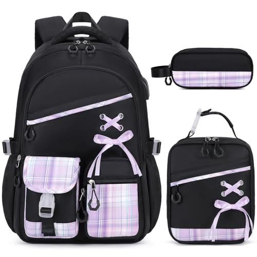 DIGOBAY Backpack for Girls - 3PCS Girls Backpack with Lunch Box & Pencil Pouch Plaid School Backpacks for Elementary Middle High College School Bookbag for Teen Girl Kids Students Blackpurple - Image 1