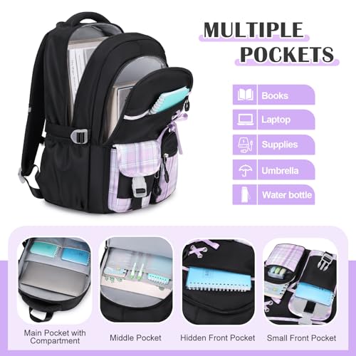 DIGOBAY Backpack for Girls - 3PCS Girls Backpack with Lunch Box & Pencil Pouch Plaid School Backpacks for Elementary Middle High College School Bookbag for Teen Girl Kids Students Blackpurple - Image 3