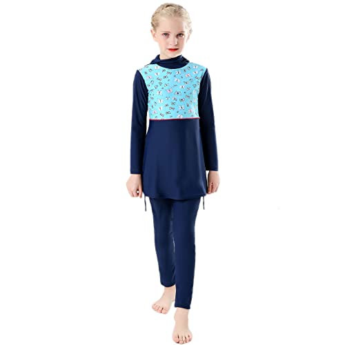 ODIZLI Modest Islamic Long Sleeve Blue 910 Years Full Cover Hijab Top Pants 2 Pieces Beachwear Swimming Rash Guard Surfing Diving Outfits - Image 3