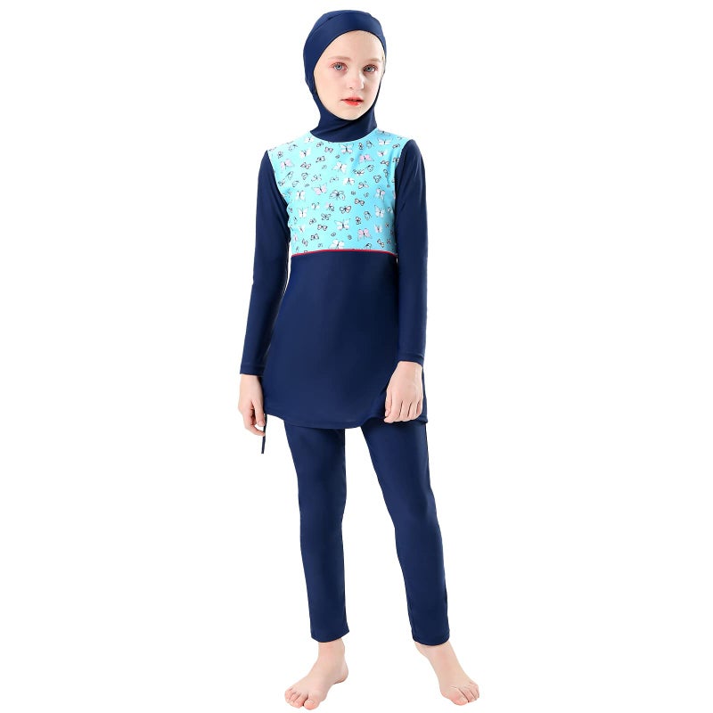 ODIZLI Modest Islamic Long Sleeve Blue 910 Years Full Cover Hijab Top Pants 2 Pieces Beachwear Swimming Rash Guard Surfing Diving Outfits - Image 2