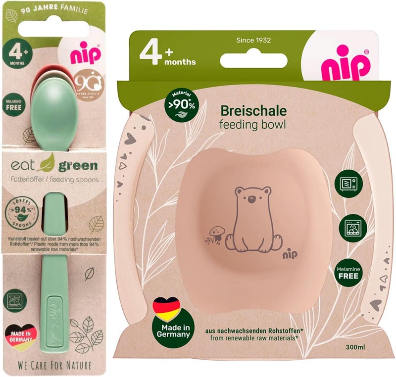 NIP öko organic tableware set GIRLS from 4th month, 2 porridge bowls + 3 eat green eco organic baby spoons, suitable for the microwave, melamine-free, BPA-free, dishwasher safe, made in Germany - Image 1