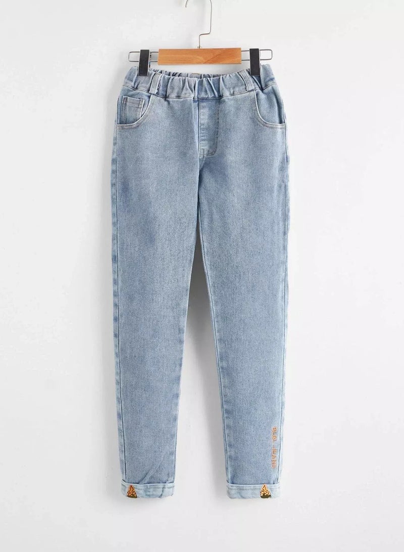 Girls Letter Embroidered Tapered Jeans  - Image 1