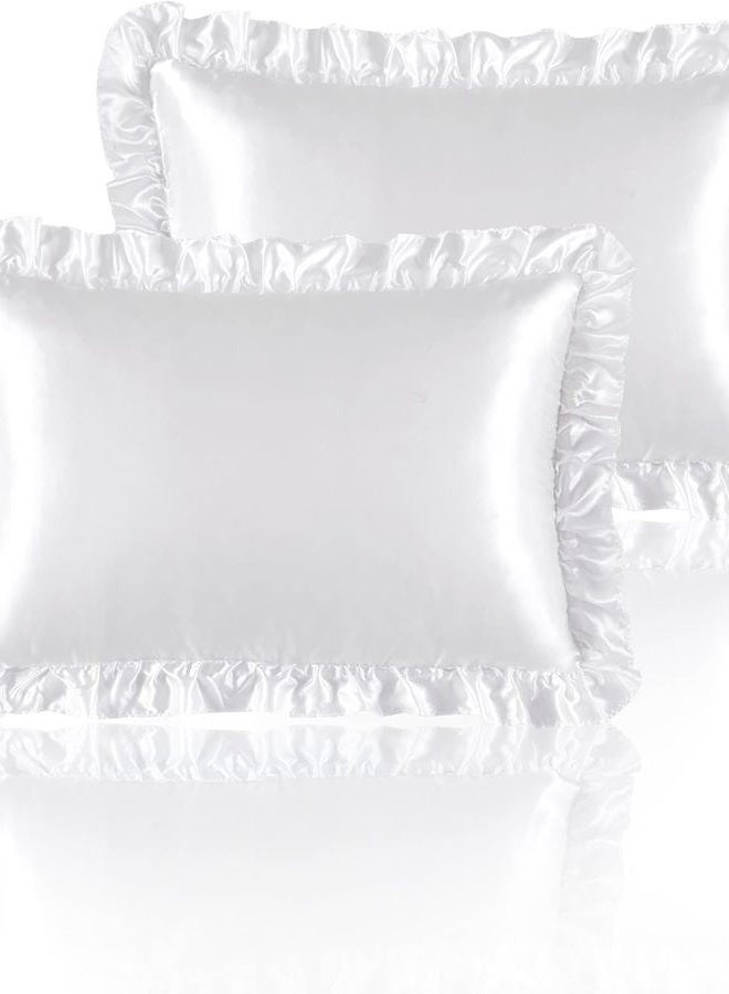 GRSECPO White Ruffle Satin Pillowcase Standard Size Set of 2,Similar to Silk Pillow Covers for Hair and Skin with Envelope,Cooling Similar Pillow Cases Room Decorative Gift for Women Men(20"x26",White) - Image 1