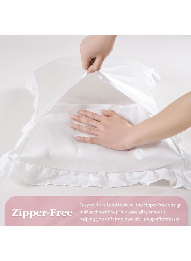 GRSECPO White Ruffle Satin Pillowcase Standard Size Set of 2,Similar to Silk Pillow Covers for Hair and Skin with Envelope,Cooling Similar Pillow Cases Room Decorative Gift for Women Men(20"x26",White) - Image 3