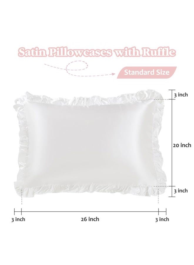 GRSECPO White Ruffle Satin Pillowcase Standard Size Set of 2,Similar to Silk Pillow Covers for Hair and Skin with Envelope,Cooling Similar Pillow Cases Room Decorative Gift for Women Men(20"x26",White) - Image 2