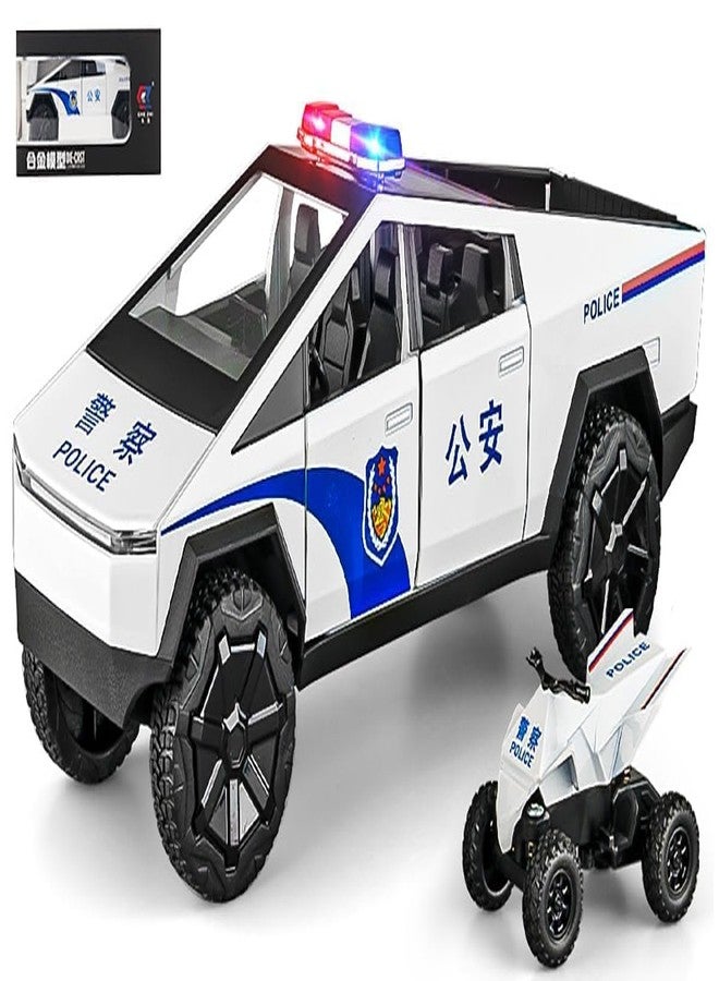 PEZYOX 1:24 Scale Die-Cast CyberTruck Police Model, Free Wheel with 6 Openable Doors, Steerable Tyres, Working Horn & Lights, Police Vehicle Toy for Kids and Collectors (White) - Image 3