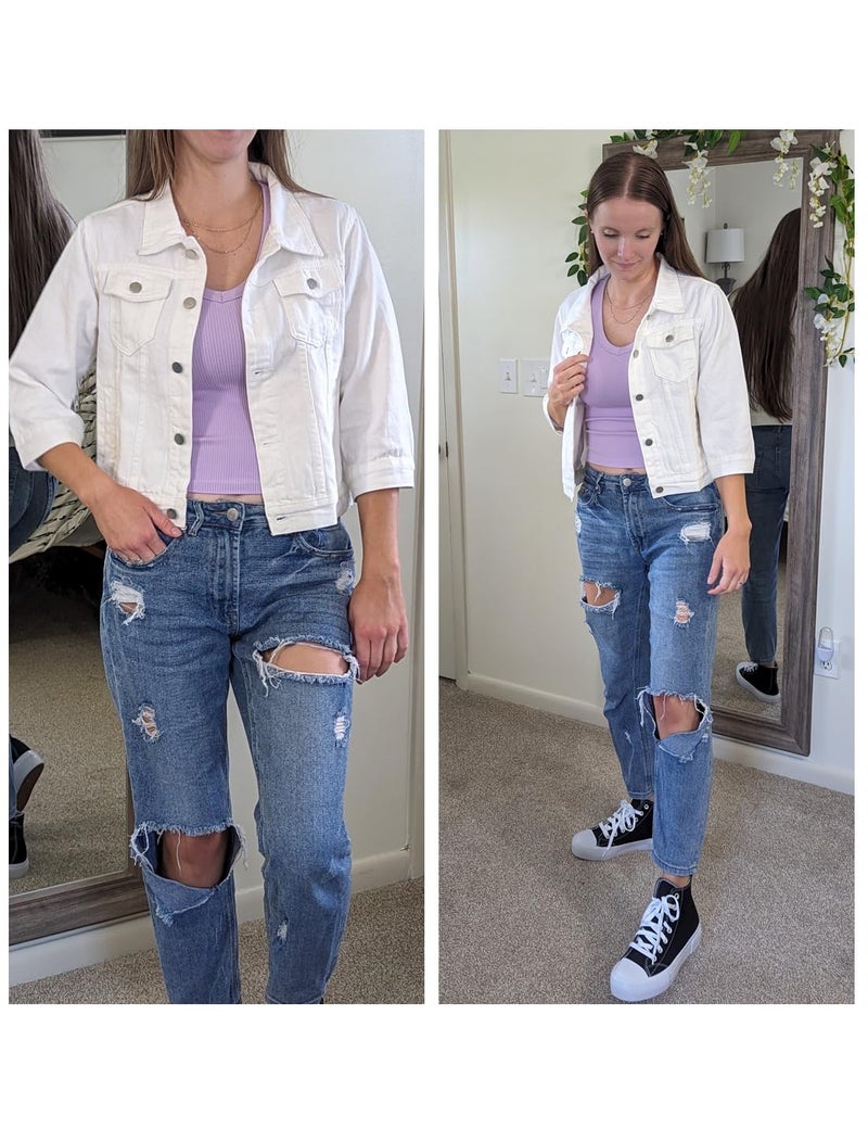 Locachy Womens 3/4 Sleeve Short Denim Jacket Lapel Button Down Cropped Trucker Jean Jackets Coats White Large - Image 5