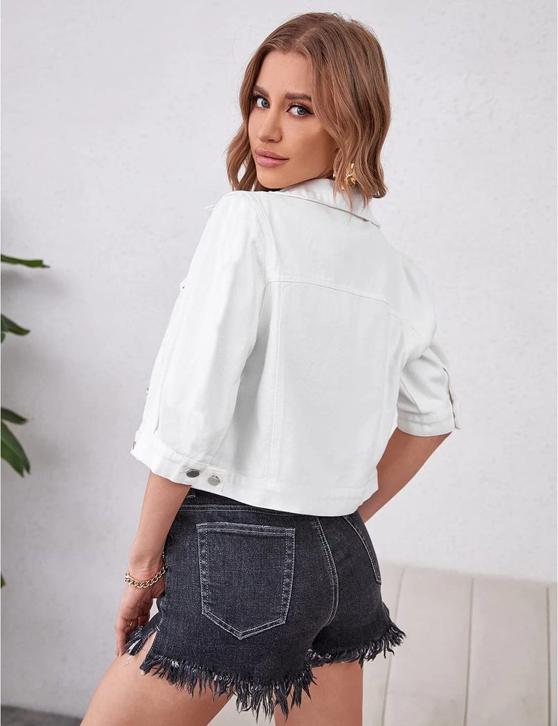 Locachy Womens 3/4 Sleeve Short Denim Jacket Lapel Button Down Cropped Trucker Jean Jackets Coats White Large - Image 4