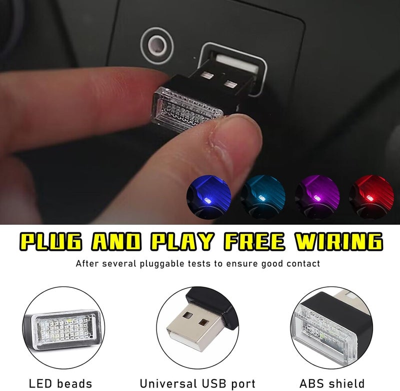Augeny 4 PCS USB LED Car Interior Atmosphere Lamp, Plug-in USB Decor Night Light, Portable Auto Ambient Lighting Kit, Universal Vehicle Interior Accessories for Most Cars (Blue+Ice Blue+Red+Purple) - Image 3