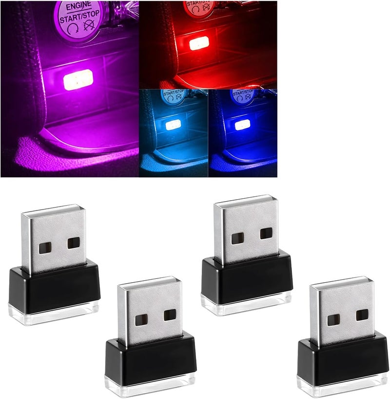 Augeny 4 PCS USB LED Car Interior Atmosphere Lamp, Plug-in USB Decor Night Light, Portable Auto Ambient Lighting Kit, Universal Vehicle Interior Accessories for Most Cars (Blue+Ice Blue+Red+Purple) - Image 1