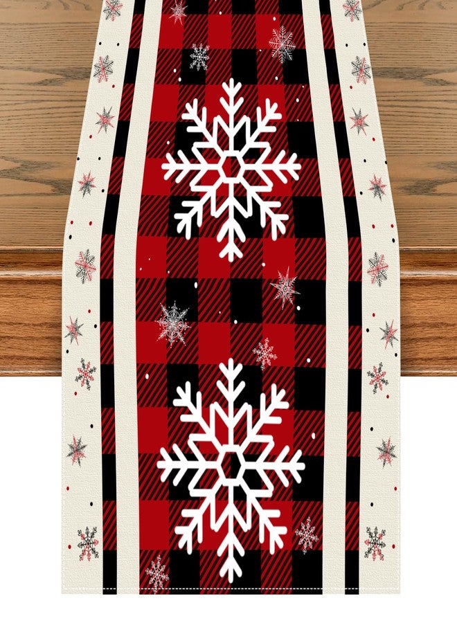 Boroner Christmas Table Runner 12x72 Inch, Red and Black Buffalo Plaid Table Runner with White Snowflakes, Holiday Table Decoration for Dining Room, Kitchen, Fireplace Mantel, and Winter Home Décor - Image 1