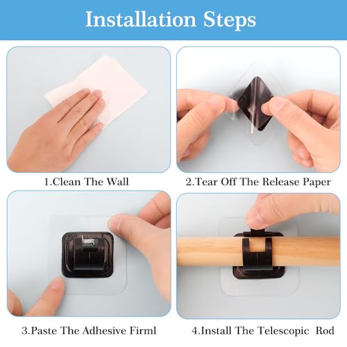 iSKeotol Curtain Rod Bracket No Drilling, 8 PCS Self Adhesive Curtain Rod Holders, Non Drill Sticky Nail Free Drillless Rods Hanger Hooks Holder Brackets for Wall Home Kitchen Bedroom Bathroom Hotel (Black) - Image 4