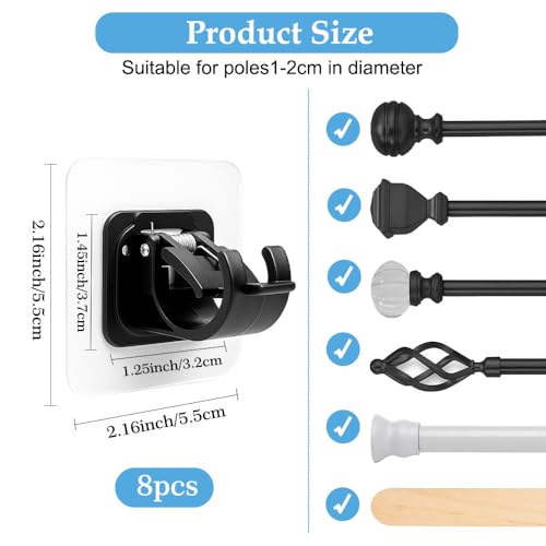 iSKeotol Curtain Rod Bracket No Drilling, 8 PCS Self Adhesive Curtain Rod Holders, Non Drill Sticky Nail Free Drillless Rods Hanger Hooks Holder Brackets for Wall Home Kitchen Bedroom Bathroom Hotel (Black) - Image 2