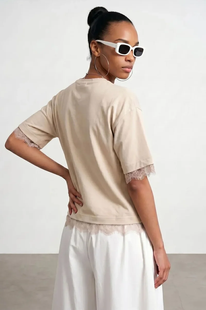 Dilvin Beige Natural DILVIN Women's Cotton Elastane Crew Neck T-Shirt for Women | Best Price UAE