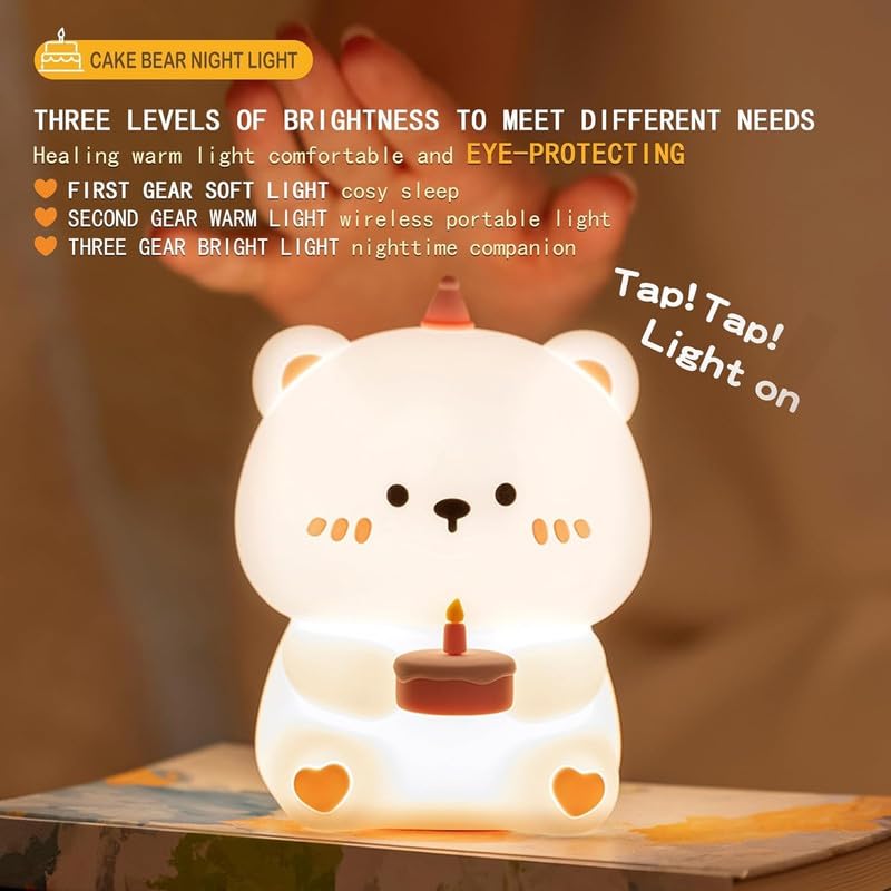 HashWOW® Silicone Gummy Bear Birthday Cake Night Light – Soft Bedside Lamp with 3-Level Dimmable LED, USB Rechargeable, Timer & Touch Control – Cute Room Decor & Gift for Kids, Girls, Boys, Women - Image 5