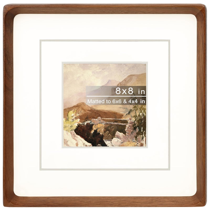 Gdfmsc Square 8x8 Picture Frame with Mat for 4x4/6x6, Natural Walnut Wood Handcrafted Rounded Corner with Real Glass, Vertical or Horizontal Display Photo Gallery Wall & Tabletop Frame - Image 1