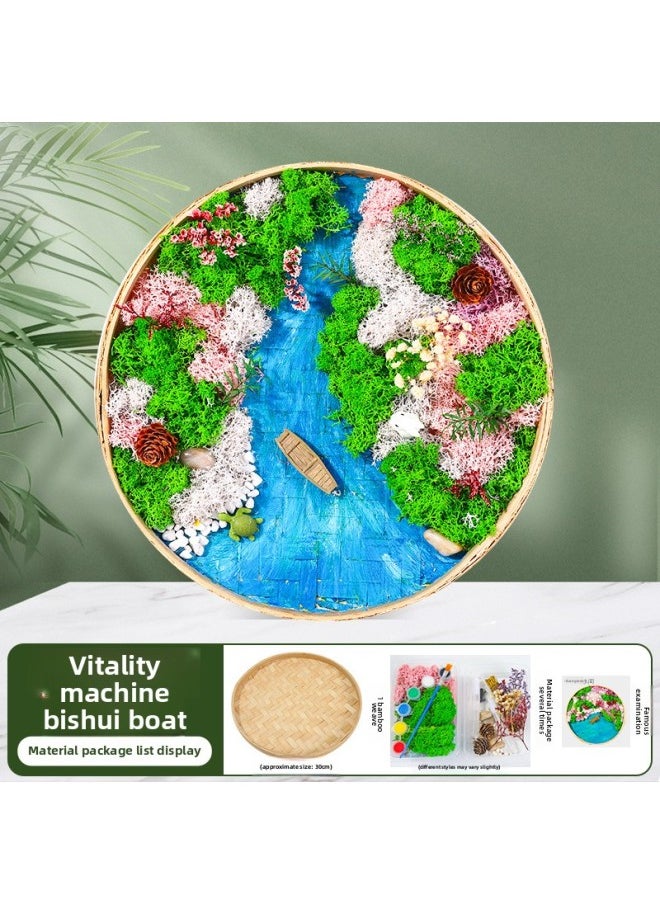 Immortal Moss Painting DIY Material Package Round Tray Green Plant Photo Frame Mother's Day Group Building Activities Manual Parent-child Salon-Color:Vigorous And Clear Water Boat (medium)  - Image 1