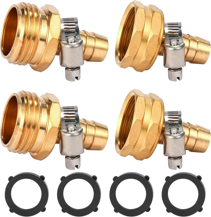 Sanpaint Brass Garden Hose Connector Repair Mender Kit with Stainless Clamp,Fits 1/2" Water Hose Fitting,2 Sets(1/2" Barb x 3/4" GHT) - Image 1