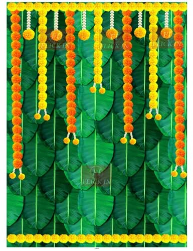 FI - FLICK IN 1 Pcs Yellow Flower Curtain Backdrop Housewarming Puja Haldi Mehendi Banana Leaf Cloth Curtains Background Wedding Welcome Home Entrance Pooja Festival Decoration (Pack of 1, Multi) - Image 3