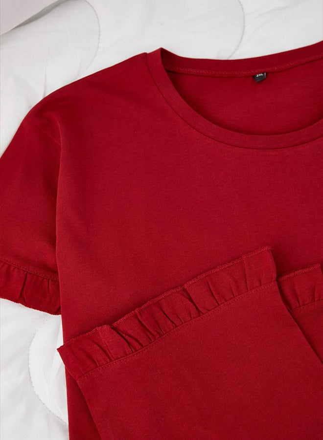 trendyol Burgundy Crew Neck Ruffle Detailed 3Piece Pajama Set - Image 4