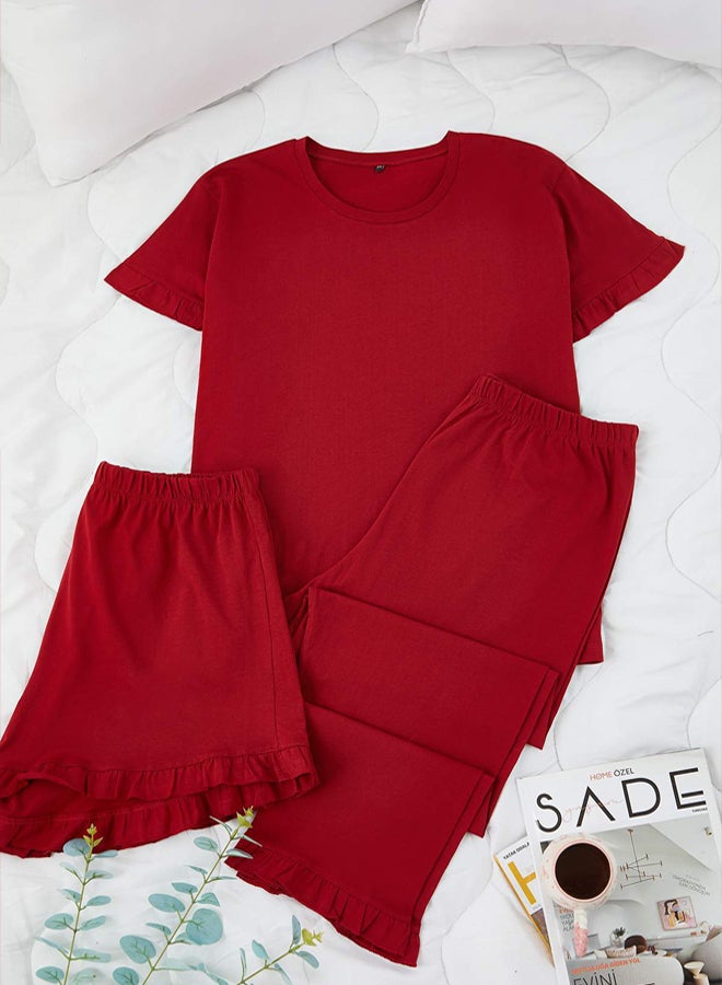 trendyol Burgundy Crew Neck Ruffle Detailed 3Piece Pajama Set - Image 2