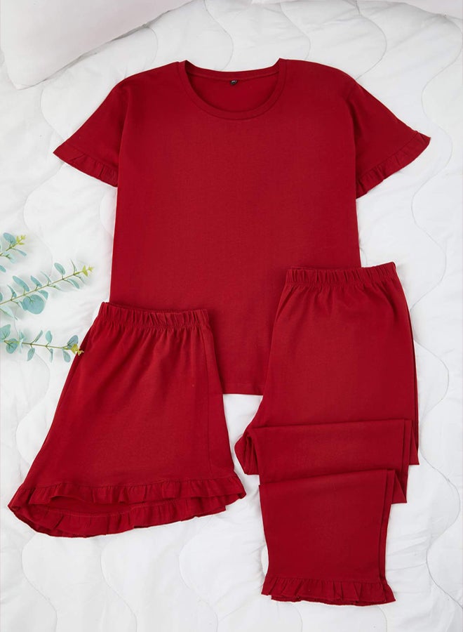 trendyol Burgundy Crew Neck Ruffle Detailed 3Piece Pajama Set - Image 1