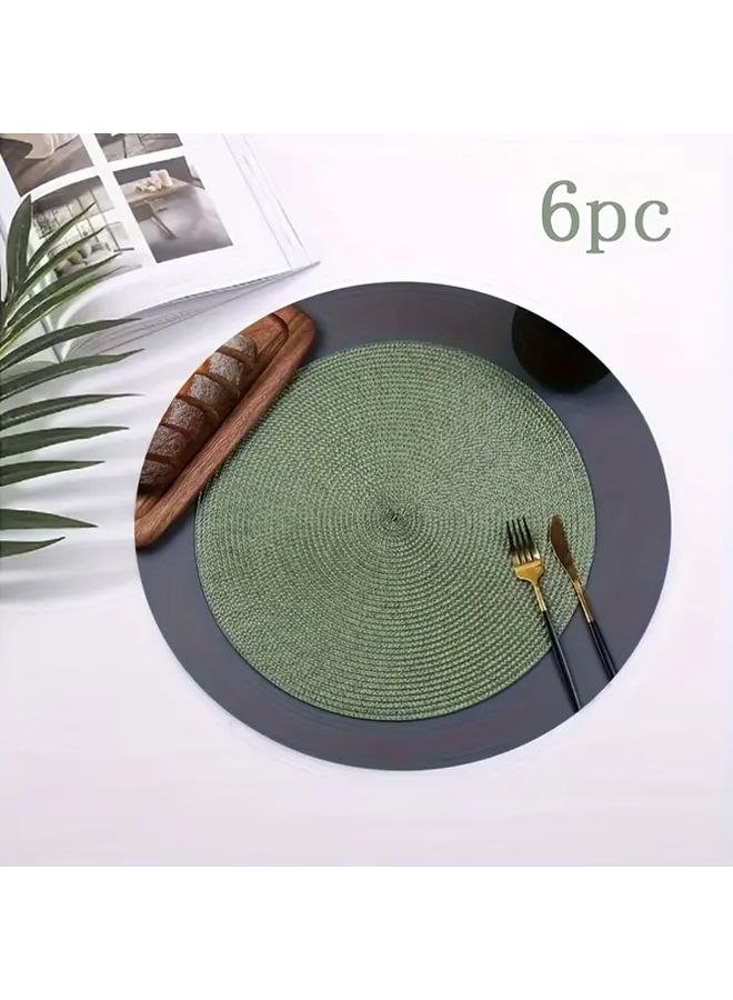 Green 6 Piece 15 Inch Round Placemats Set Easy Clean Fabric PP - Image 1