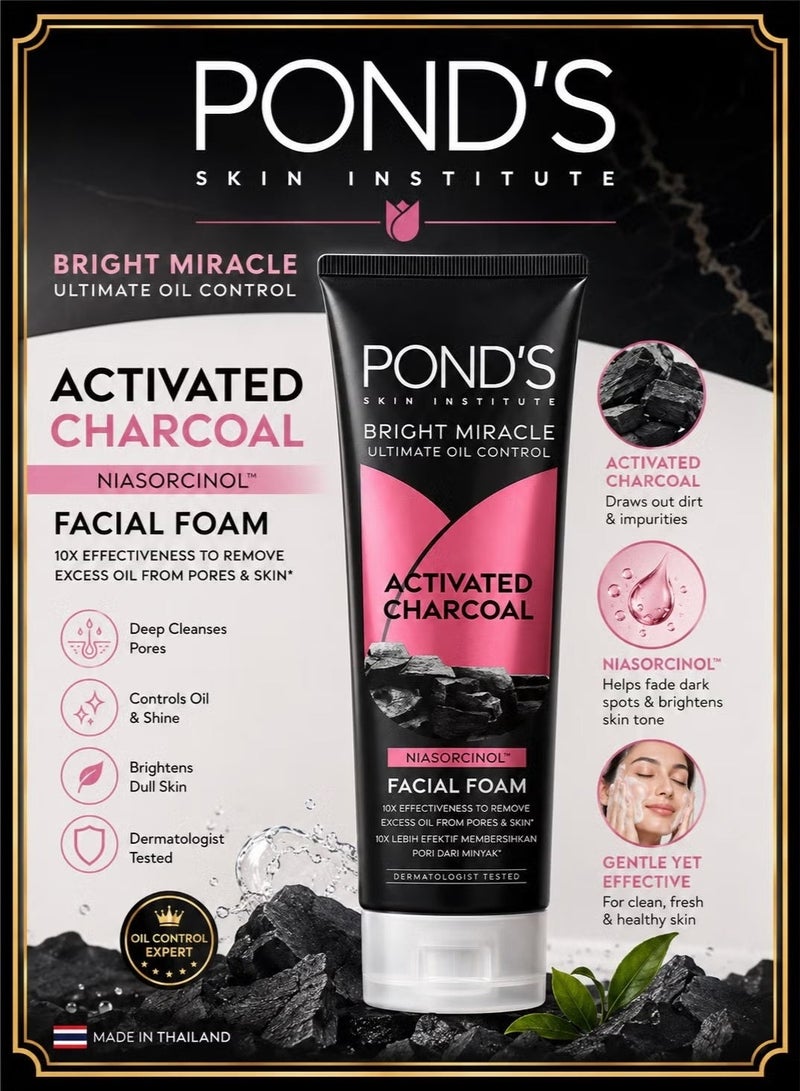 Pond's Bright Miracle Ultimate Oil Control Activated Charcoal Niasorcinol Facial Foam, Deep Cleansing Face Wash, Helps Remove Excess Oil & Impurities, Refreshing Daily Facial Cleanser, 100g - Image 2