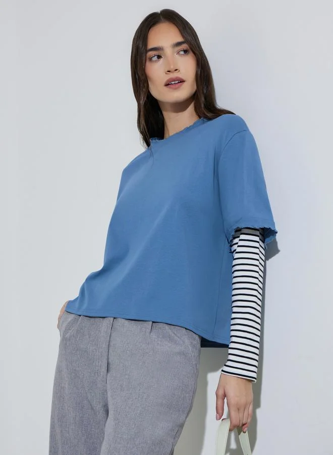 Styli Multi-Color Striped Long Sleeves Layered Look Sweatshirt